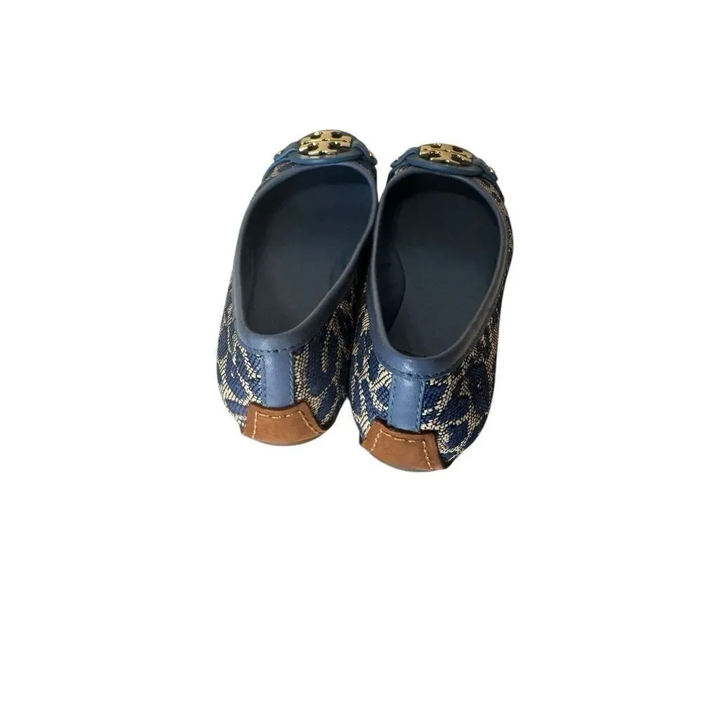 TORY BURCH AADEN Ballet Flat Leopard Raffia Leather Gold Logo Women's US 6.5